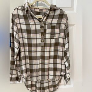 Anthropologie Olive and Cream Plaid Button-Up Shirt with Pink and Yellow Accents